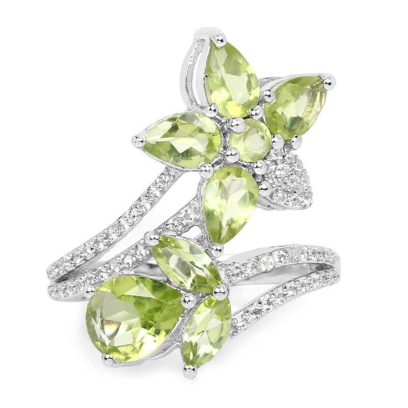 3.35 Carat Genuine Peridot and White Topaz .925 Sterling Silver Ring