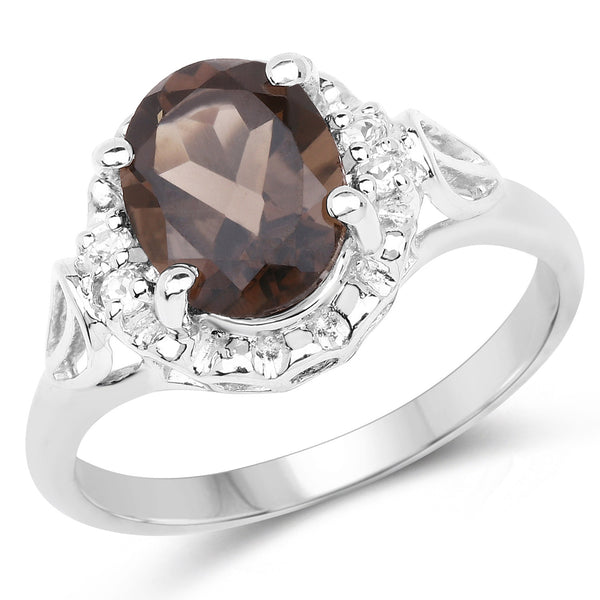 1.83 Carat Genuine Smoky Quartz and White Topaz .925 Sterling Silver Ring