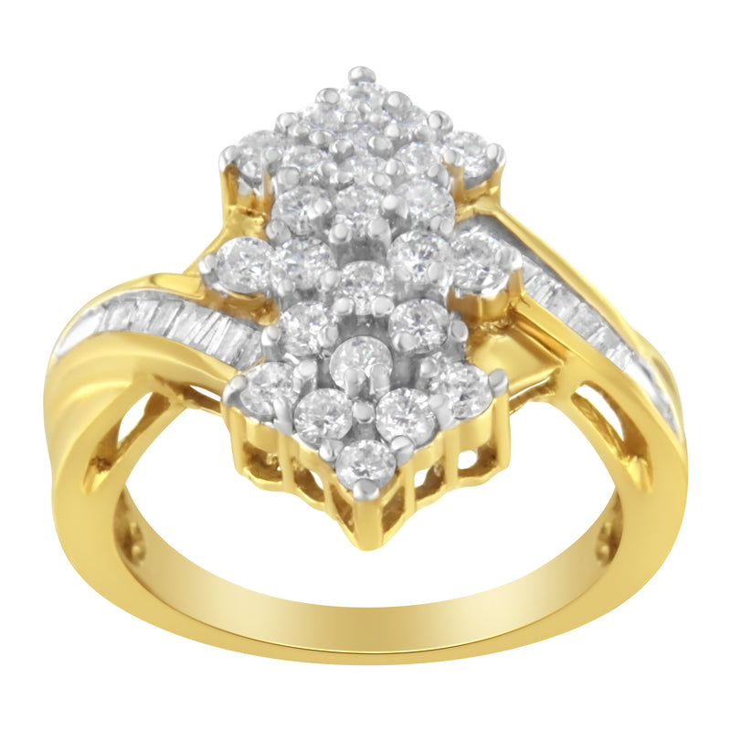 10K Yellow Gold Round And Baguette Cut Diamond Cluster Ring (1 1/10 Cttw, H-I Color, SI2-I1 Clarity) - Size 7