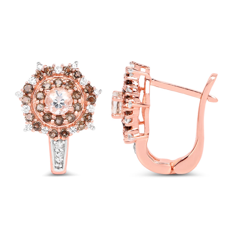 18K Rose Gold Plated 1.58 Carat Genuine Morganite, Smoky Quartz and White Zircon .925 Sterling Silver Earrings