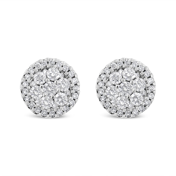 14K White Gold 1.0 Cttw Brilliant-Cut Diamond Halo-Style Cluster Round Button Stud Earrings (H-I Color, I1-I2 Clarity)