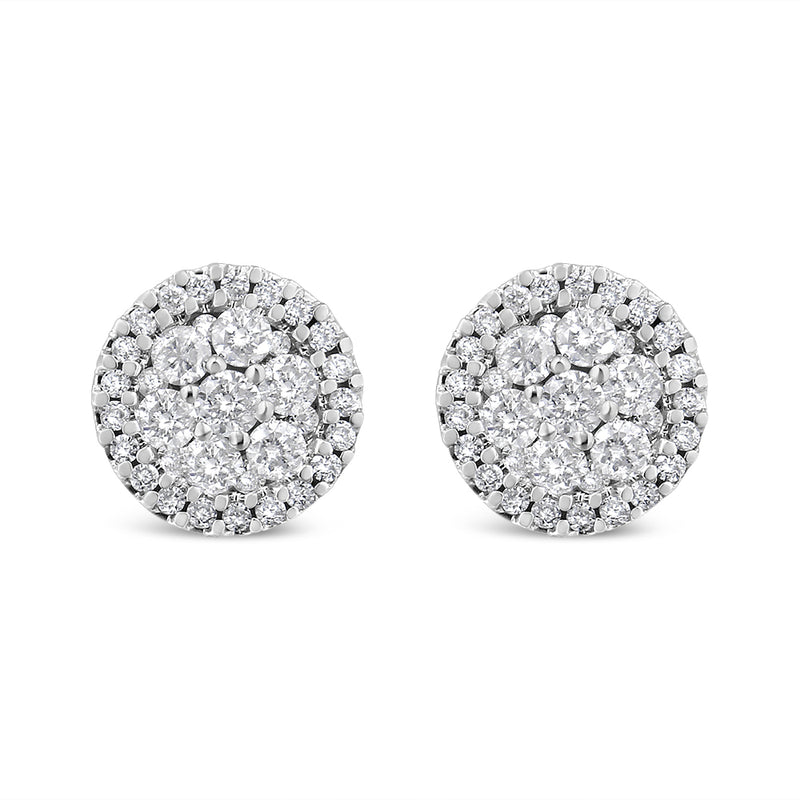 14K White Gold 1.0 Cttw Brilliant-Cut Diamond Halo-Style Cluster Round Button Stud Earrings (H-I Color, I1-I2 Clarity)