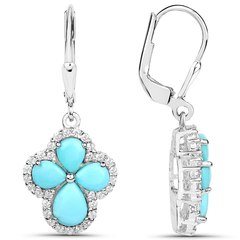 3.93 Carat Genuine Turquoise and White Zircon .925 Sterling Silver Earrings