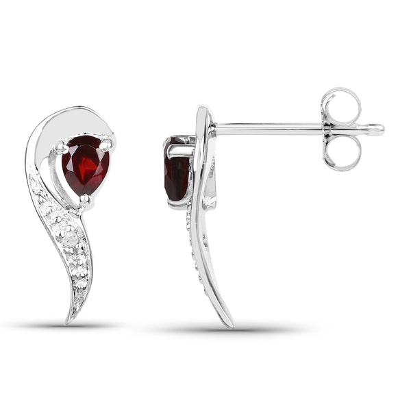 0.37 Carat Genuine Garnet and White Diamond .925 Sterling Silver Earrings