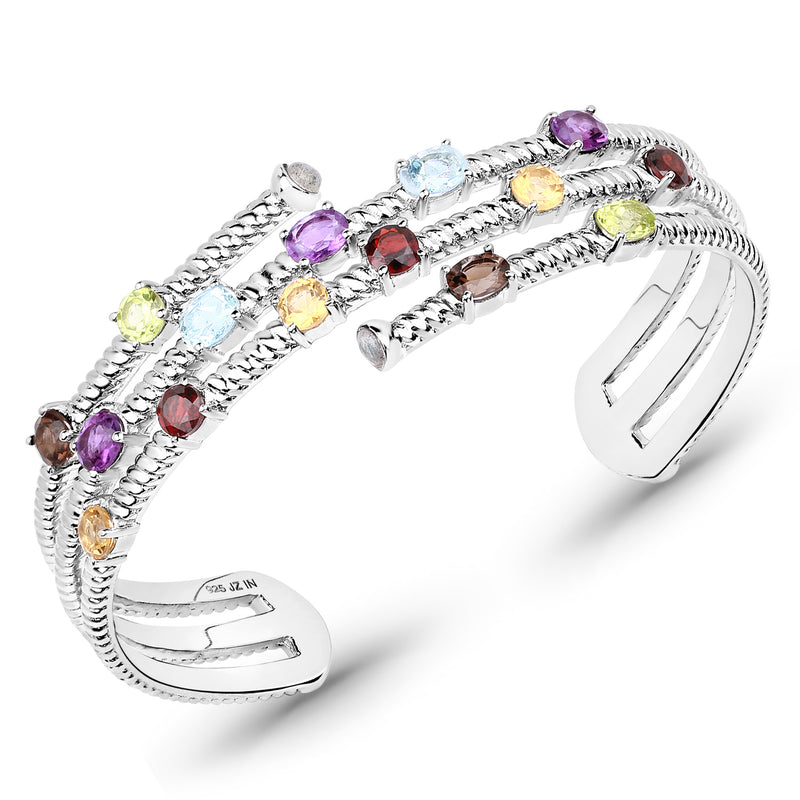 4.93 Carat Genuine Multi Stones .925 Sterling Silver Cuff Bangle