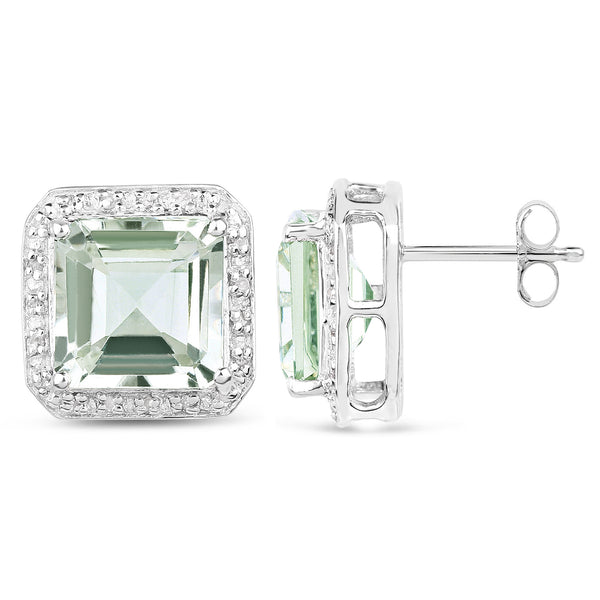 9.16 Carat Genuine Green Amethyst and White Diamond .925 Sterling Silver Earrings