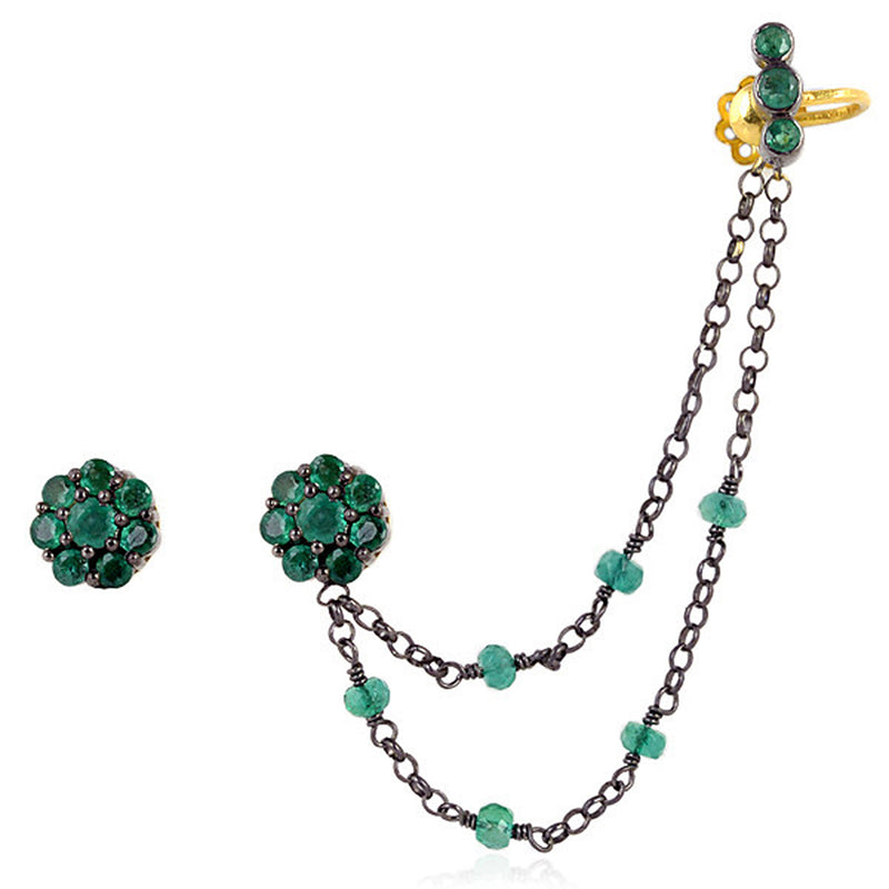 2.93ct Emerald Beads Cuff Earrings 18k Gold 925 Sterling Silver Jewelry