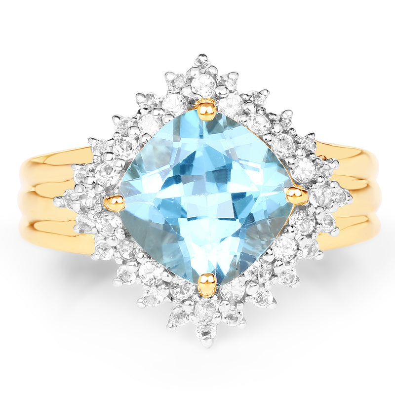 14K Yellow Gold Plated 4.33 Carat Genuine Swiss Blue Topaz and White Topaz .925 Sterling Silver Ring