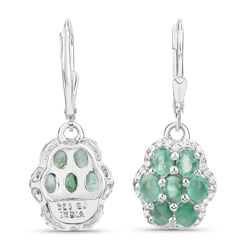 2.48 Carat Genuine Zambian Emerald and White Zircon .925 Sterling Silver Earrings