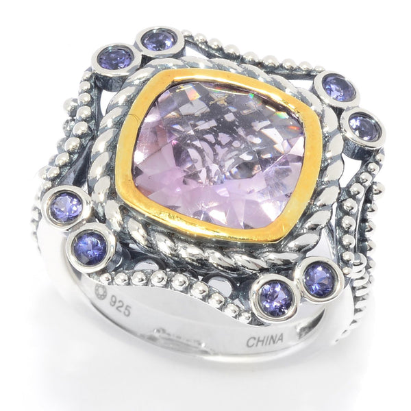 925 Sterling Silver Women Cocktail Ring Iolite and Pink Amethyst