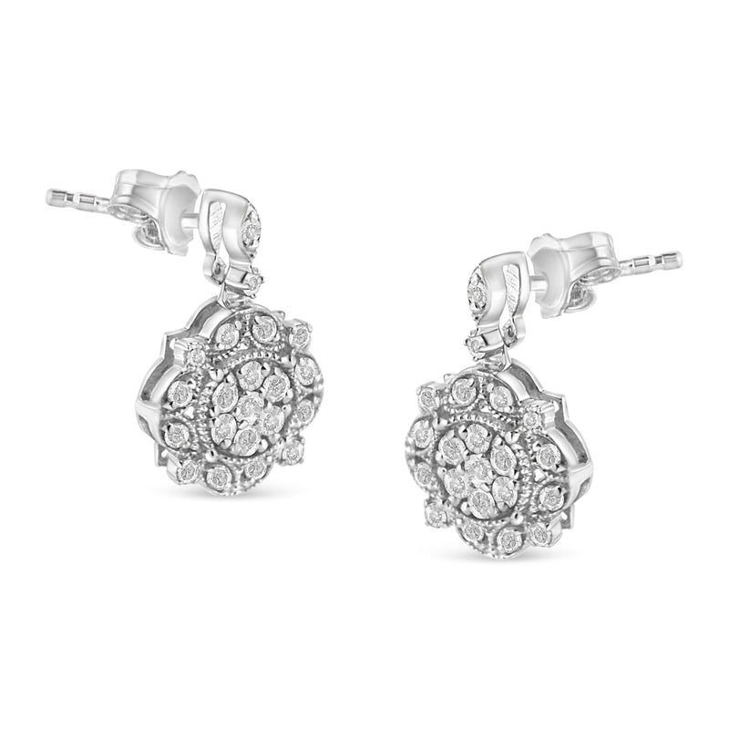 .925 Sterling Silver 1/2 Cttw Diamond Dangle Miligrain Earring (I-J Color, I2-I3 Clarity)