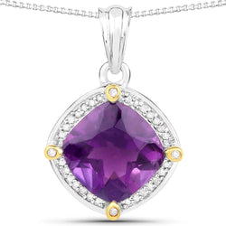 3.20 Carat Genuine Amethyst and White Diamond 18K Yellow Gold with .925 Sterling Silver Pendant