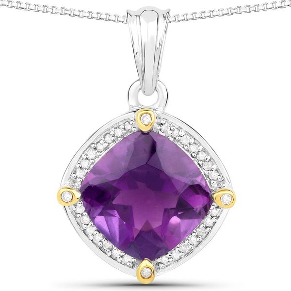 3.20 Carat Genuine Amethyst and White Diamond 18K Yellow Gold with .925 Sterling Silver Pendant