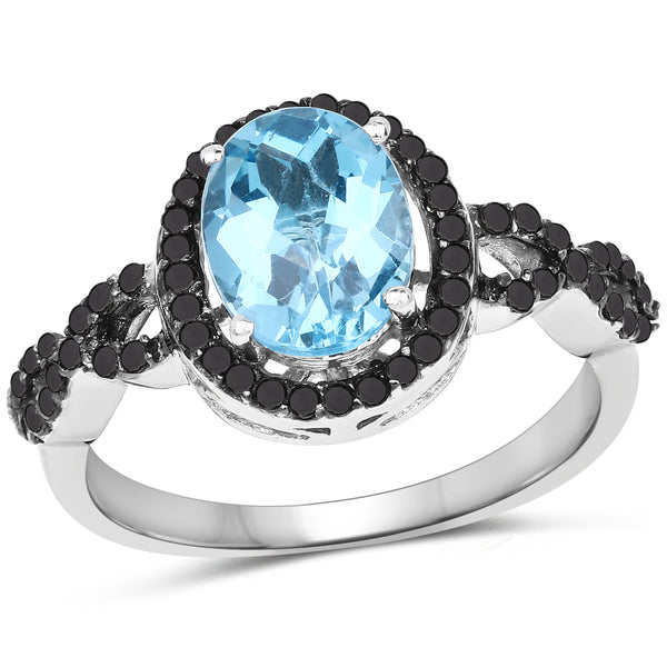 2.92 Carat Genuine Blue Topaz, Black Diamond & White Diamond .925 Sterling Silver Ring