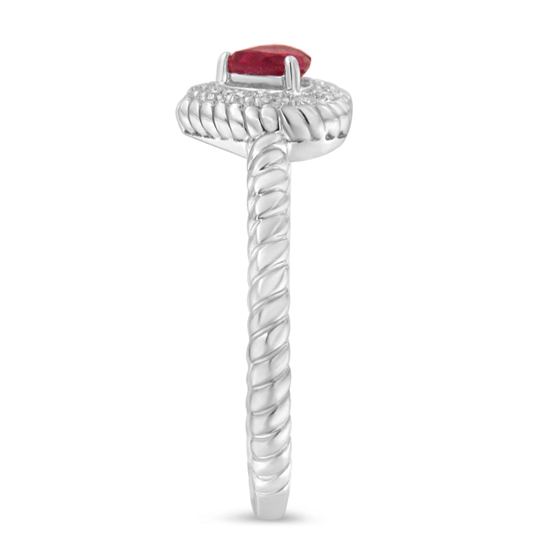 Sterling Silver 4MM Lab Created Ruby Heart and Diamond Accent Heart Ring (I-J, I2-I3) - Size 7