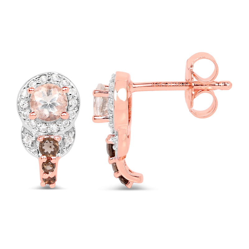 18K Rose Gold Plated 0.84 Carat Genuine Morganite, Smoky Quartz and White Zircon .925 Sterling Silver Earrings