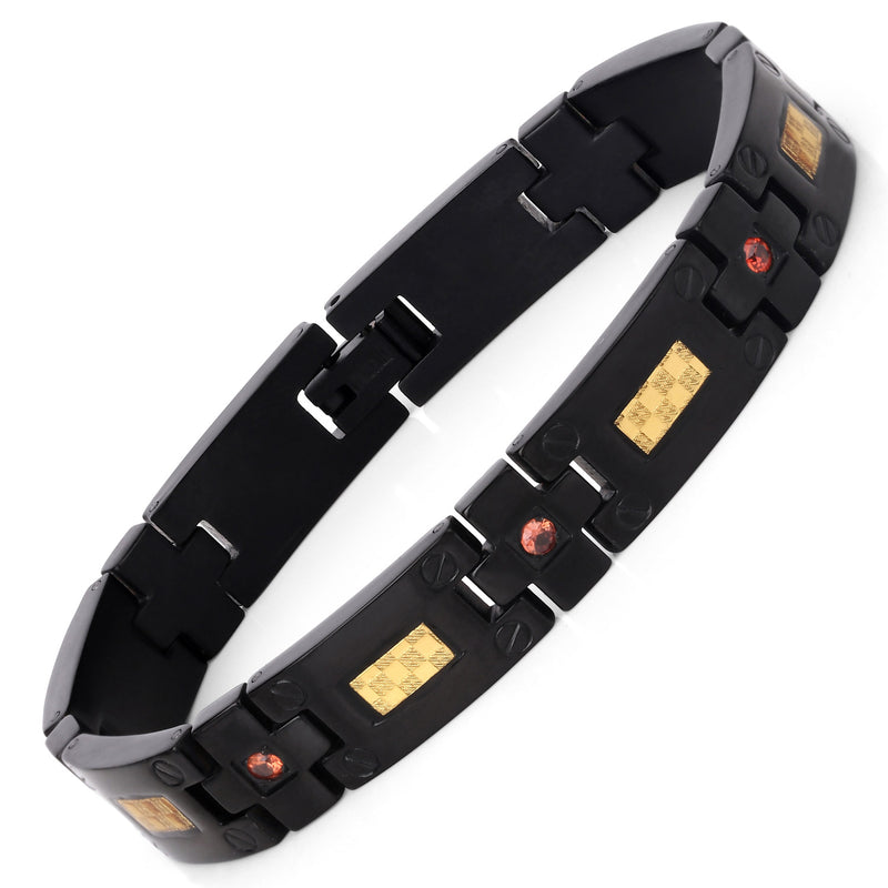 Black Titanium Men's Bracelet, Mens Titanium Bracelet with Gold Plated Steel Inlay, 0.56ctw. Natural Orange Sapphire Round