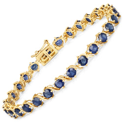 8.09 Carat Genuine Blue Sapphire and White Diamond 14K Yellow Gold Bracelet