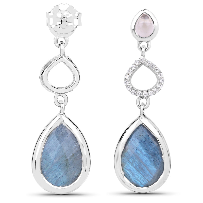 9.57 Carat Genuine Rose Quartz, Labradorite And White Topaz .925 Sterling Silver Earrings