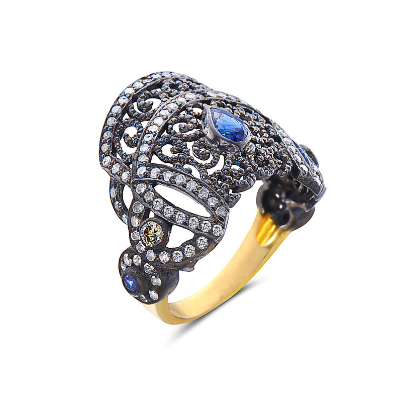 Pave Diamond Sapphire 18k Yellow Gold Cockail Ring 925 Silver Antique Jewelry
