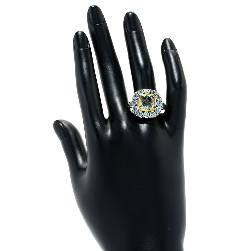 925 Sterling Silver Women Big Cluster Ring Swiss Blue Topaz Green Amethyst