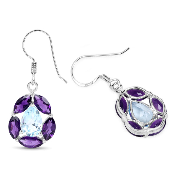 9.10 Carat Genuine Blue Topaz and Amethyst .925 Sterling Silver Earrings