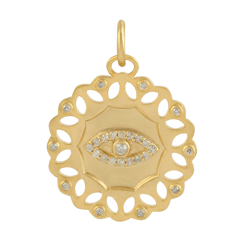 Studded Diamond 14k Yellow Gold Evil Eye Charm Pendant Handmade Jewelry Gift