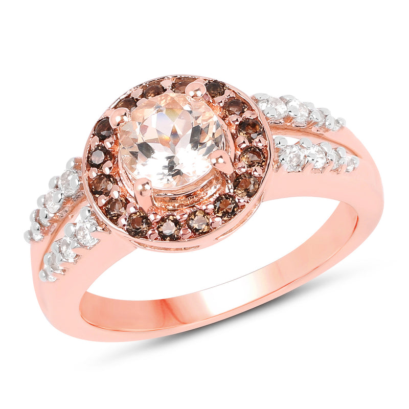 18K Rose Gold Plated 1.46 Carat Genuine Morganite, Smoky Quartz and White Zircon .925 Sterling Silver Ring