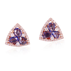 18kt Gold Pave Diamond 1.5ct Blue Sapphire Triangle Shape Stud Earrings Jewelry
