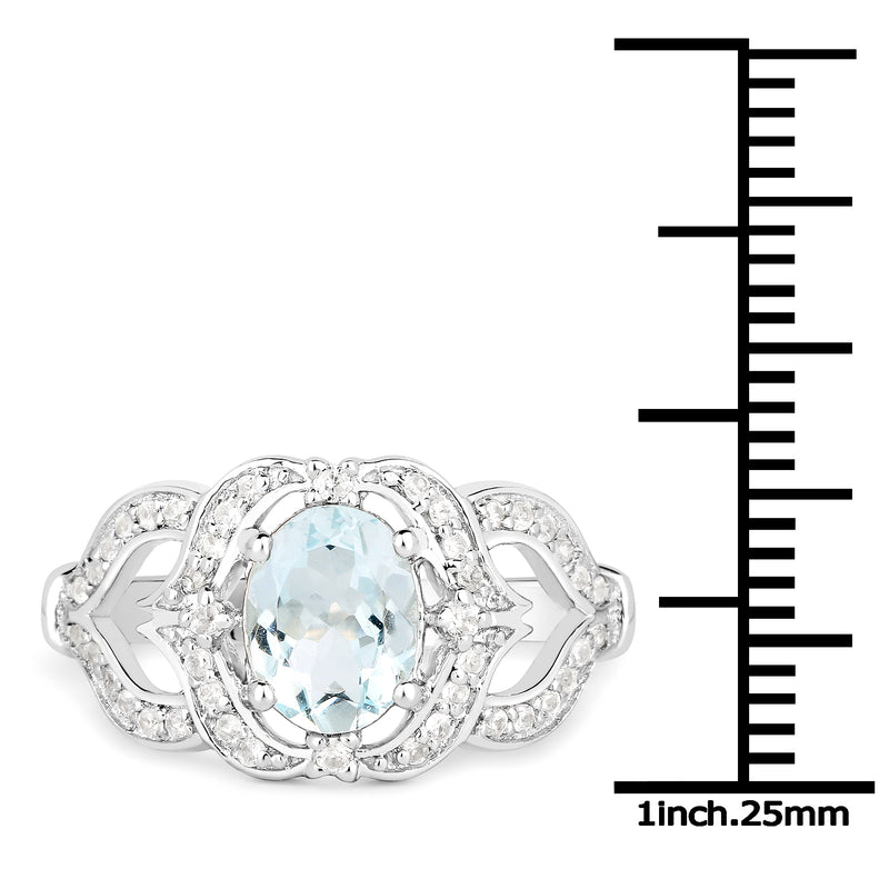 1.37 Carat Genuine Aquamarine and White Zircon .925 Sterling Silver Ring