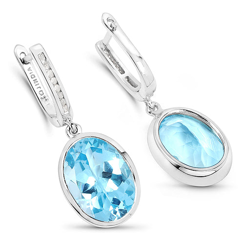 15.13 Carat Genuine Blue Topaz and White Diamond .925 Sterling Silver Earrings