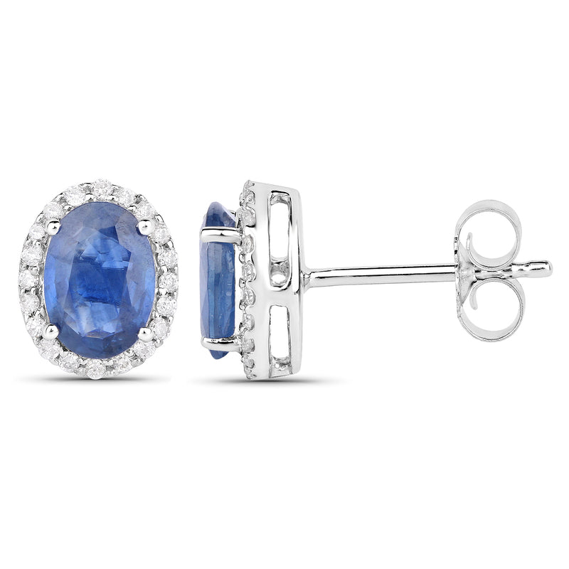 2.16 Carat Genuine Blue Sapphire and White Diamond 14K White Gold Earrings