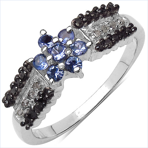 0.40 Carat Genuine Tanzanite, Black Diamond & White Diamond .925 Sterling Silver Ring