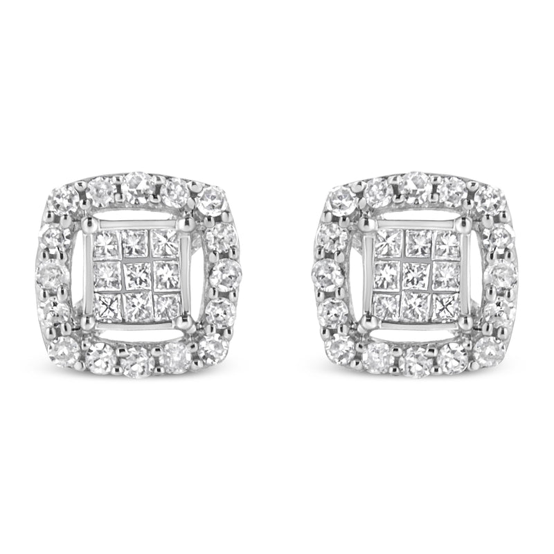 .925 Sterling Silver 1/2 Cttw Round and Princess-Cut Diamond Stud Earrings (I-J Color, I1-I2 Clarity)