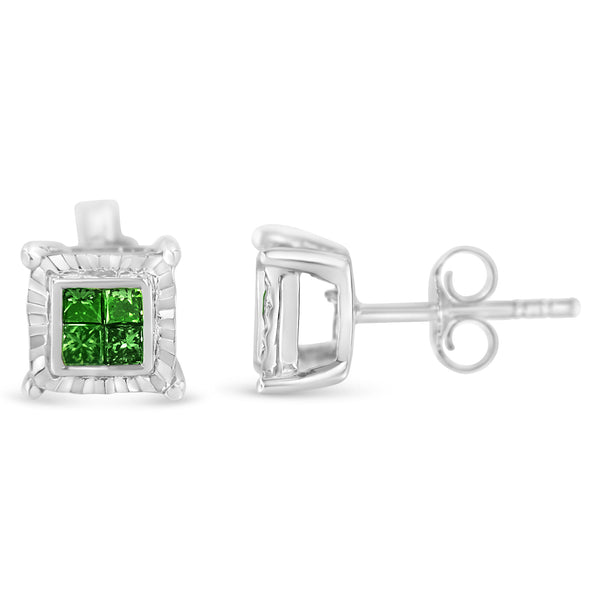 Sterling Silver Color Treated Princess Diamond Quad Stud Earring (1/2 cttw, Green Color, I1-I2 Clarity)