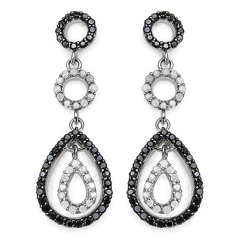 0.90 Carat Genuine Black Diamond & White Diamond .925 Sterling Silver Earrings