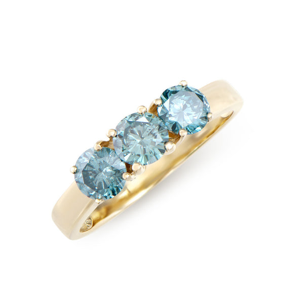 1.26 CTS TW CERTIFIED DIAMONDS 14K YELLOW GOLD DESIGNER 3 STONE RING WITH SWISS BLUE COLOR DIAMONDS