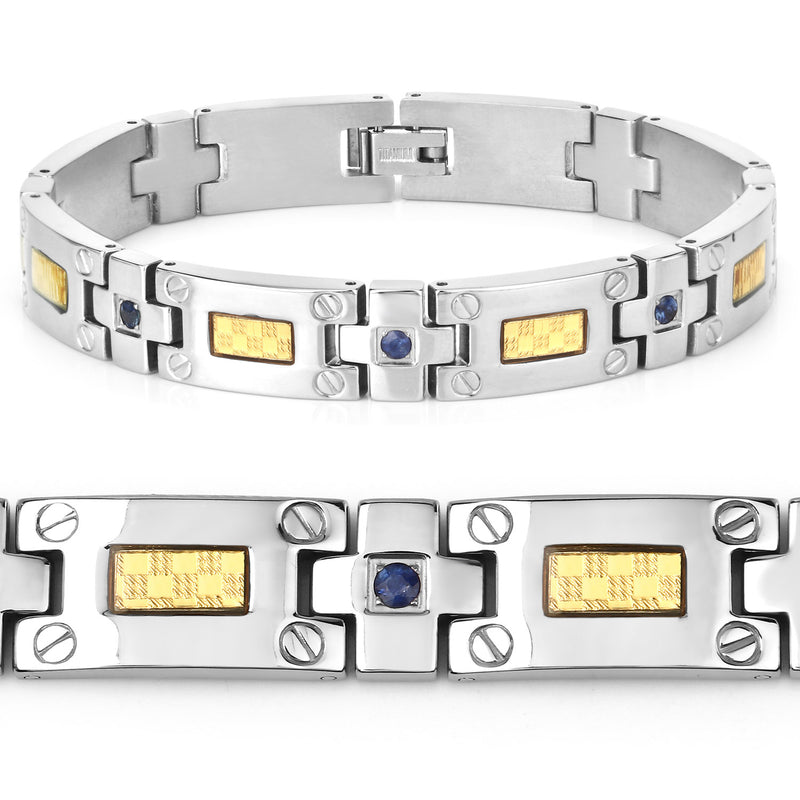 Titanium Men's Bracelet, Mens Titanium Bracelet with Gold Plated Steel Inlay, 0.56ctw. Natural Blue Sapphire Rounds