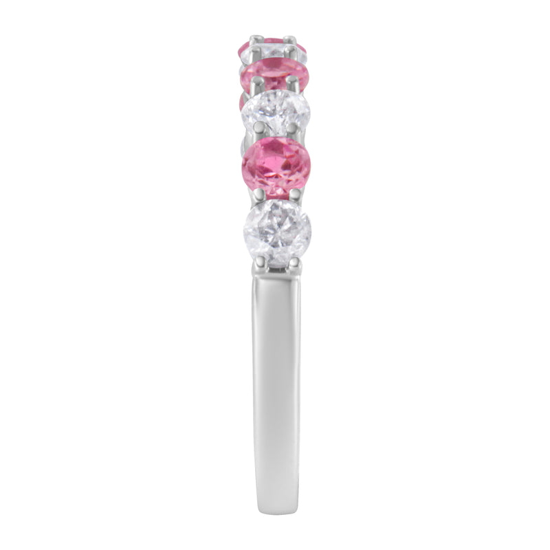 10KT White Gold Diamond and 3MM Created Pink Sapphire Gemstone Band Ring (1/2 cttw, H-I Color, I1-I2 Clarity) - Size 7