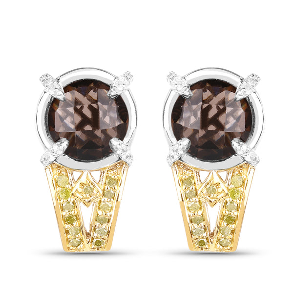 3.75 Carat Genuine Smoky Quartz, Yellow Diamond and White Diamond .925 Sterling Silver Earrings