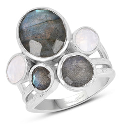 8.59 Carat Genuine Labradorite And White Rainbow Moonstone .925 Sterling Silver Ring