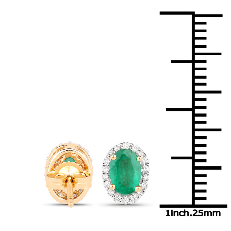 1.07 Carat Genuine Zambian Emerald and White Diamond 18K Yellow Gold Earrings