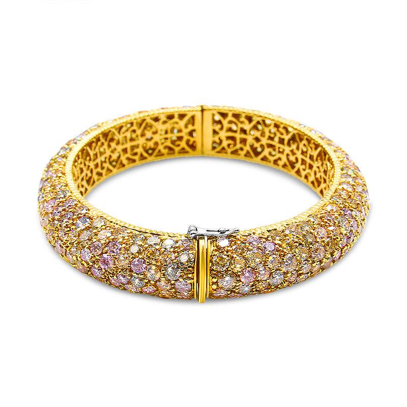 18K Yellow Gold 32.0 Cttw Mixed Diamond Color Multi Row Art Deco Style Milgrain Bangle (Mixed Color VS2-SI1 Clarity)