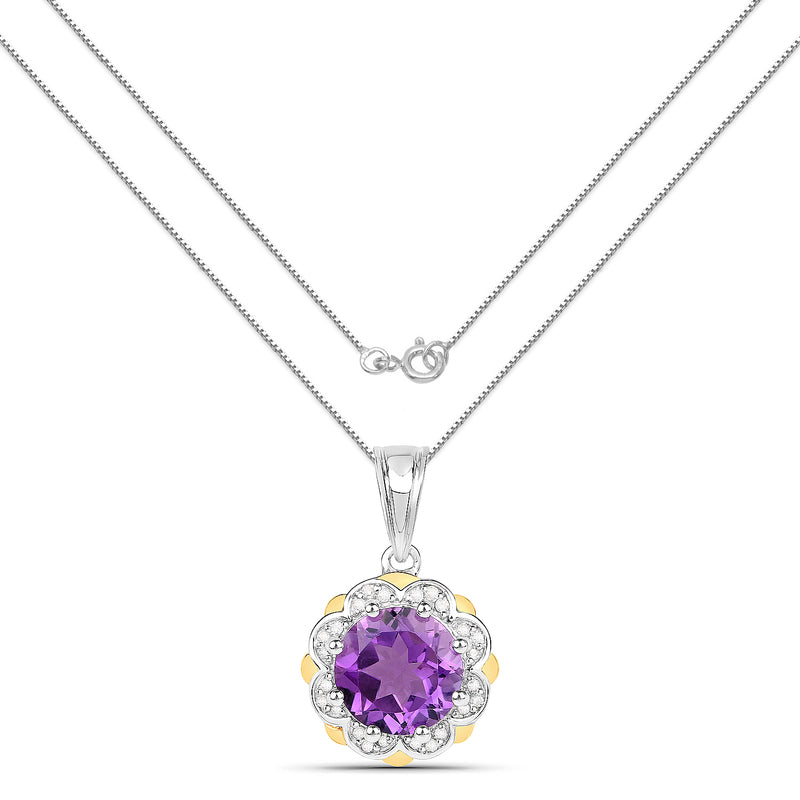 1.87 Carat Genuine Amethyst and White Diamond 14K Yellow Gold with .925 Sterling Silver Pendant