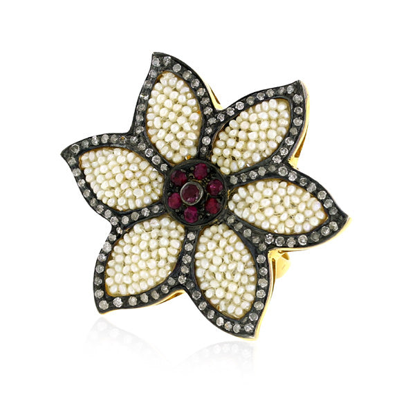 Star Style 4.39ct Pearl Ruby Diamond 18k Gold 925 Sterling Silver Cocktail Ring