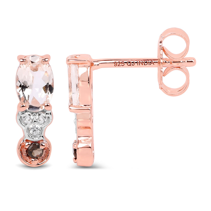 18K Rose Gold Plated 0.97 Carat Genuine Morganite, Smoky Quartz and White Zircon .925 Sterling Silver Earrings