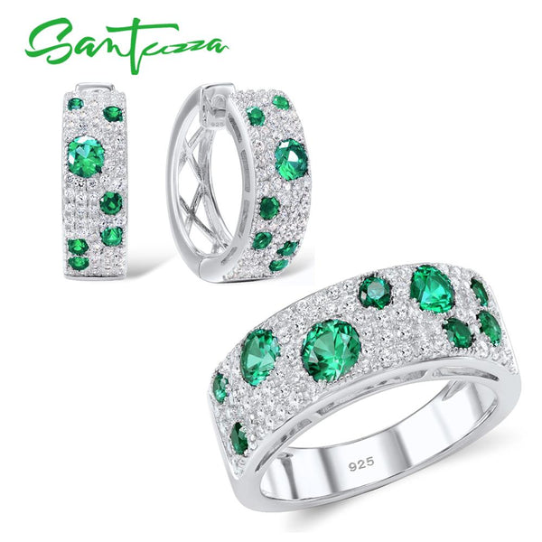 925 Sterling Silver Green CZ Earrings & Ring Set for Her